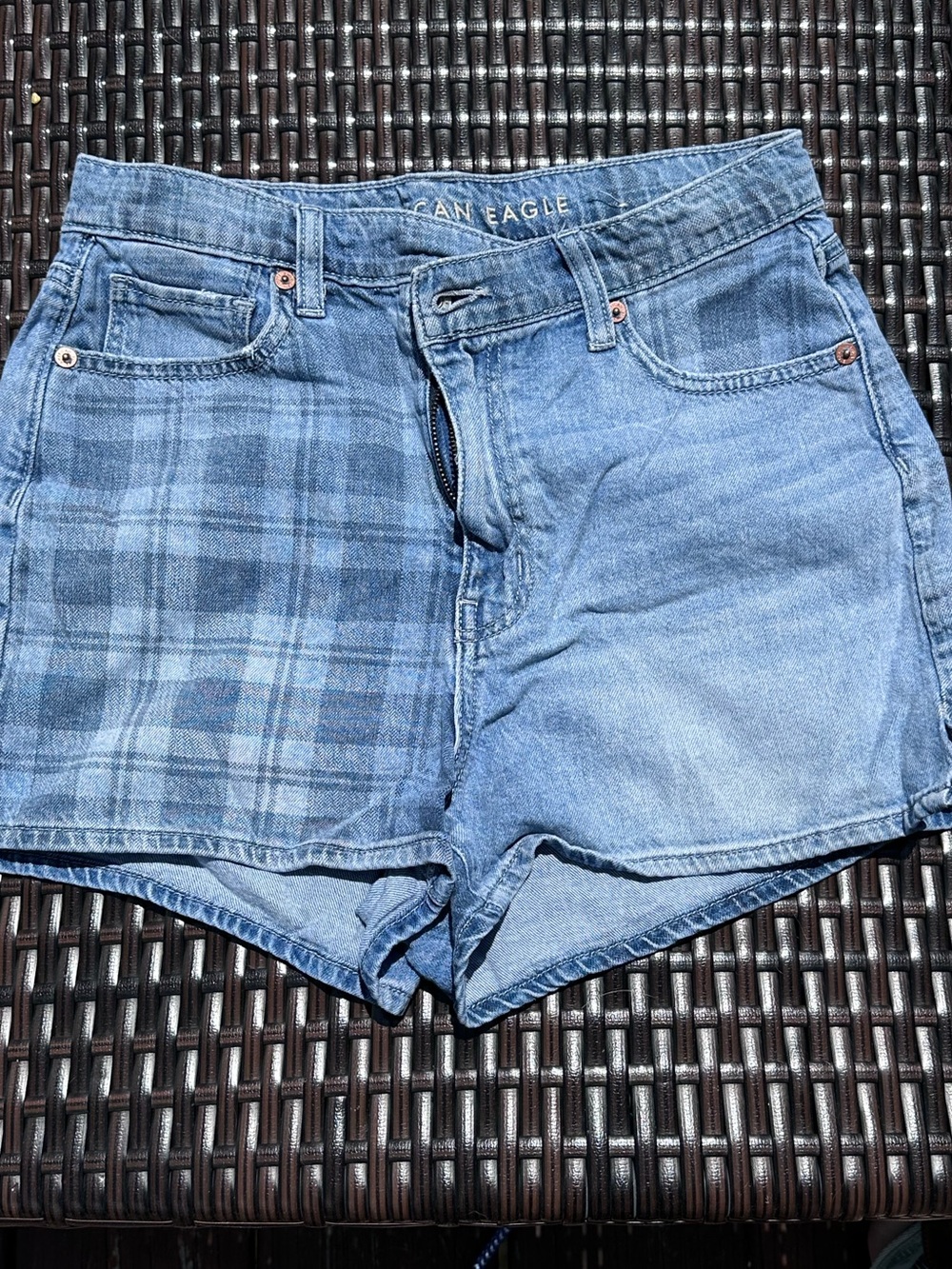 American Eagle Outfitters Women's Two-Tone Blue Denim Shorts with Plaid Panel
